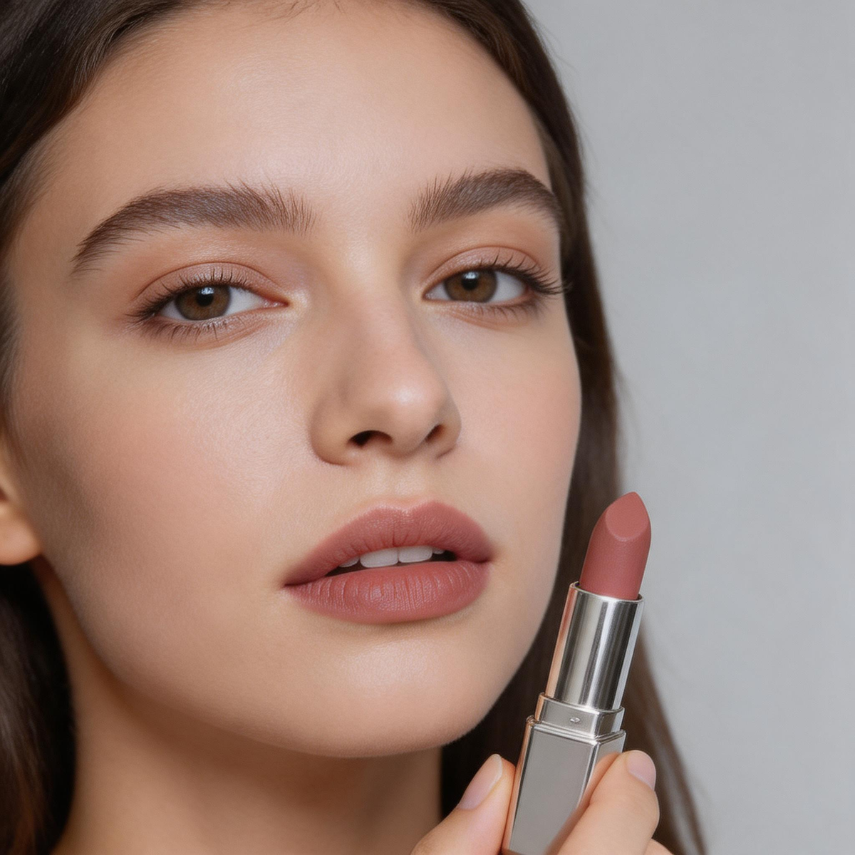 Velvet Matte Nude Lipstick in Sleek Silver Case