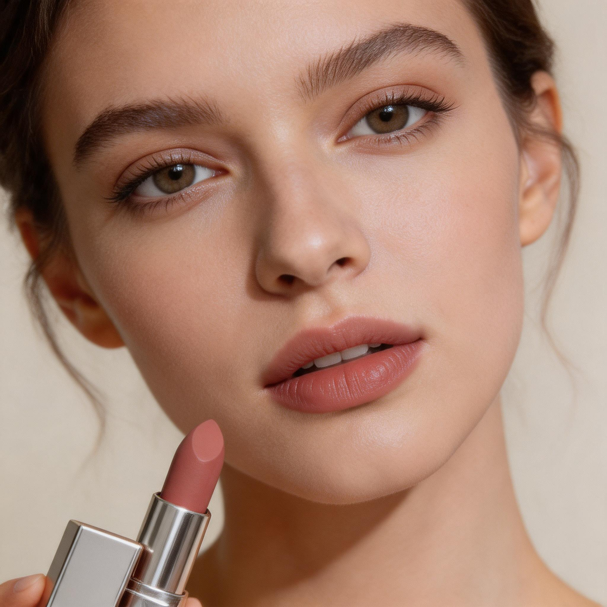 Velvet Matte Nude Lipstick in Sleek Silver Case