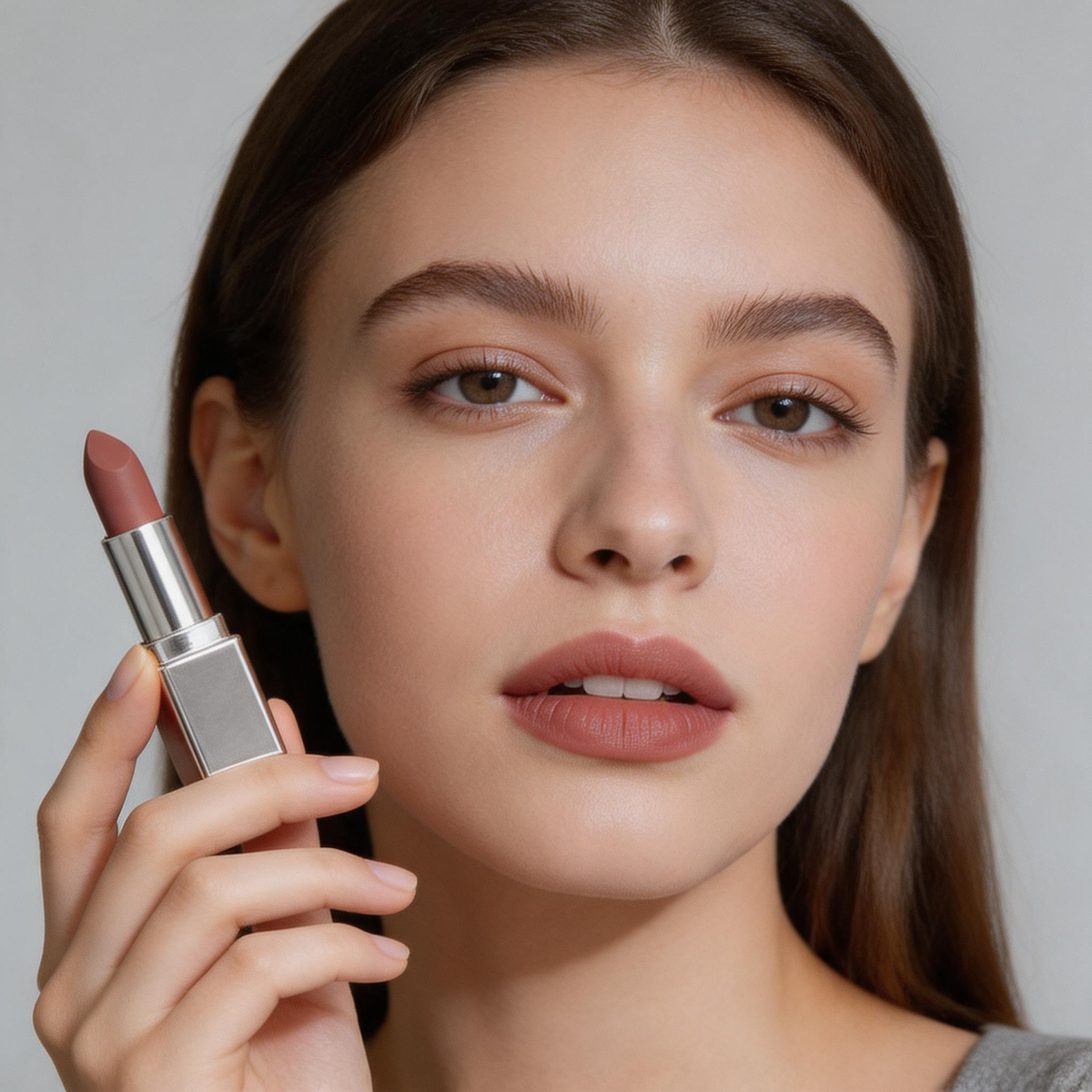 Velvet Matte Nude Lipstick in Sleek Silver Case