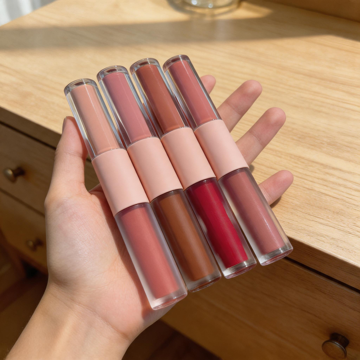 Dual-Ended Liquid Lipstick & Glassy Lip Gloss Duo in Pastel Pink Case